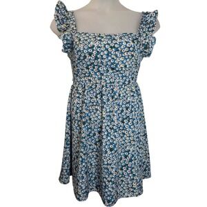 Women's Med Blue Daisy Print Cutout Back Tie Mini Dress Flutter Sleeve prairie